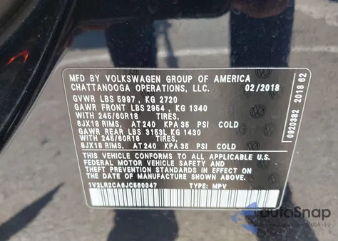 2018 Volkswagen Atlas 3.6L V6 Se/3.6L V6 Se W/Technology z USA, uszkodzony, nr VIN 1V2LR2CA6JC560347